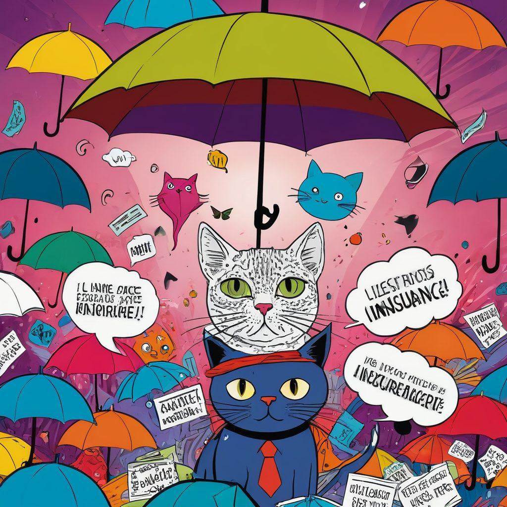 A whimsical depiction of a cartoonish character comically overwhelmed by a stack of insurance policies, surrounded by quirky illustrations of adult graphic novel elements like speech bubbles and exaggerated expressions. The scene includes unexpected items like a floating umbrella and a leaping cat, symbolizing surprises in life. Bright and vibrant colors add to the humor. vector art. vibrant colors. playful background.
