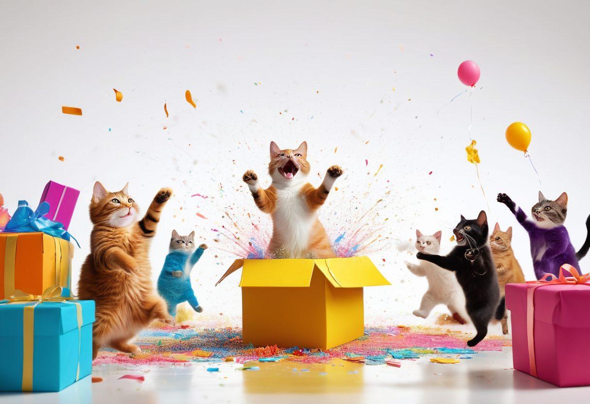 A whimsical and colorful illustration depicting a diverse group of people laughing and experiencing unexpected surprises in various life scenarios, like a cat jumping out of a box, a birthday cake explosion, and a sudden rain shower, all with insurance policies floating playfully around them. The scene should radiate joy and curiosity, highlighting the theme of life's unpredictable moments. cartoon style. vibrant colors. white background.