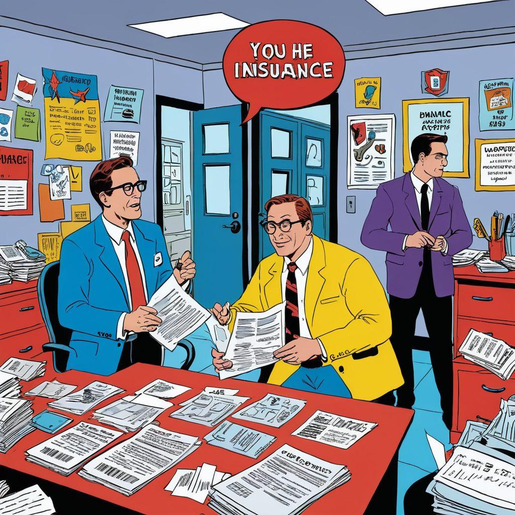 A whimsical comic book scene featuring quirky characters representing health and insurance, engaging in humorous situations. Include exaggerated elements like oversized insurance documents and health symbols in a vibrant, cartoon style. Show a contrast between serious themes of insurance and playful, lighthearted interactions. Bright colors enhance the comedic aspect, with speech bubbles containing witty remarks. cartoon art. vibrant colors. dynamic composition.
